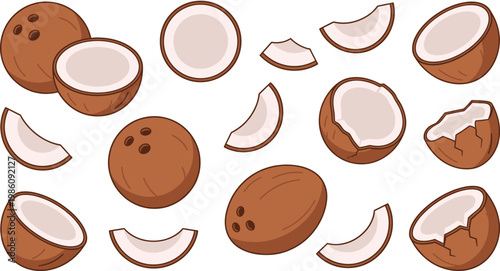 Coconut Vector Icon Set with Whole and Sliced Tropical Fruit Illustrations for Healthy Food, Organic Products, Summer Design, and Exotic Ingredient Concepts