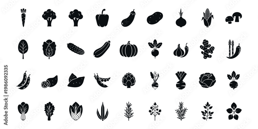 Fototapeta premium Comprehensive Vegetable and Herb Icon Set: Black Silhouette Vector Collection with Carrot, Broccoli, Pumpkin, Mushroom, and Greens for Healthy Food Branding, Menu, and Garden Design