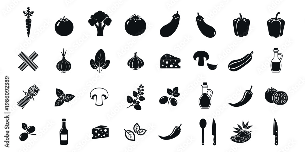 Obraz premium Mediterranean Cooking and Ingredient Icon Set: Black Silhouette Vector Collection of Vegetables, Cheese, Olive Oil, Herbs, and Kitchen Tools for Healthy Recipe Branding and Menu Design