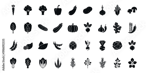 Comprehensive Vegetable and Herb Icon Set: Black Silhouette Vector Collection with Carrot, Broccoli, Pumpkin, Mushroom, and Greens for Healthy Food Branding, Menu, and Garden Design