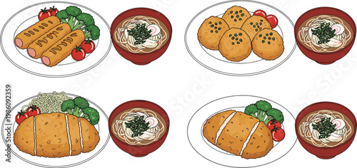 Japanese Meal Set Illustration with Bread Rolls Sausage and Noodles Soup Plates for Restaurant Menu Food Presentation and Traditional Cuisine Design Collection