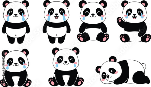 Cute Panda Cartoon Character Set with Different Sitting Standing Sleeping and Happy Expressions for Kids Animal Illustration and Mascot Design Collection