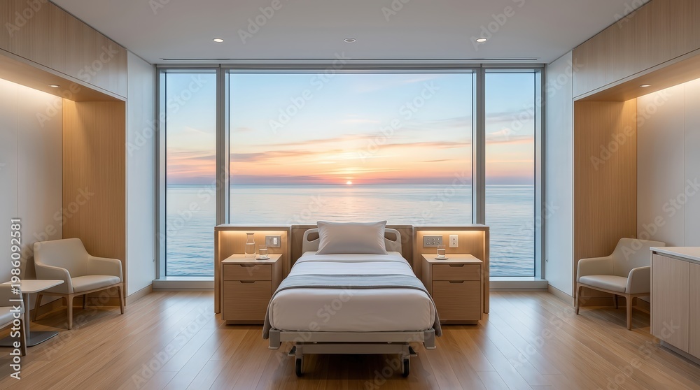 Fototapeta premium Modern interior design of exclusive hospital room bedroom with serene wooden view and golden hour sunlight streaming through window.