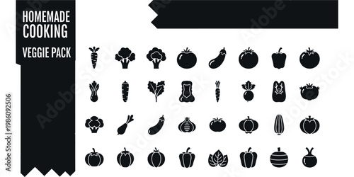 Homemade Cooking Veggie Pack: Comprehensive Black Silhouette Vegetable Icon Set featuring Carrot, Tomato, Broccoli, Pepper, and Eggplant for Healthy Food Design and Market Branding