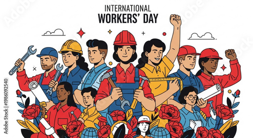 Diverse workers celebrate international workers' day with tools and flowers symbolizing labor and unity in a vibrant illustration