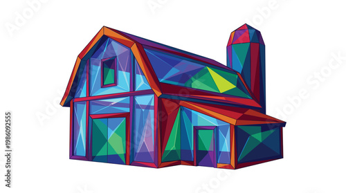 A vibrant low-poly architectural barn structure stands isolated against a pristine white backdrop with sharp geometric facets in rich blue and red tones.