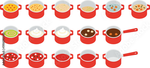 Cooking Pot Food Preparation Set with Various Soup and Sauce Recipes in Red Pots Showing Different Ingredients and Cooking Stages for Kitchen Illustration Design Collection