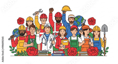 Diverse group of workers and professionals with tools and flowers symbolizing unity and labor
