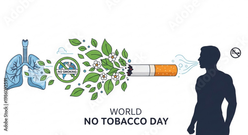 World no tobacco day illustration with cigarette smoke transforming into leaves and flowers