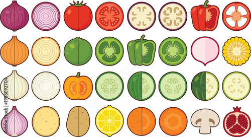 Fresh Fruits and Vegetables Slice Vector Icon Collection with Colorful Flat Food Illustrations for Healthy Eating, Organic Products, Cooking, and Grocery Design