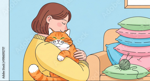 Woman holding orange cat on couch with colorful pillows cozy home scene with brown hair woman in yellow sweater