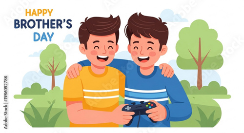 Two brothers smiling and playing video games together on a sunny day outdoors