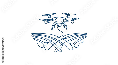 A sleek quadcopter drone hovers gracefully above stylized flowing field furrows in a minimalist blue line art composition against a pristine white backdrop.