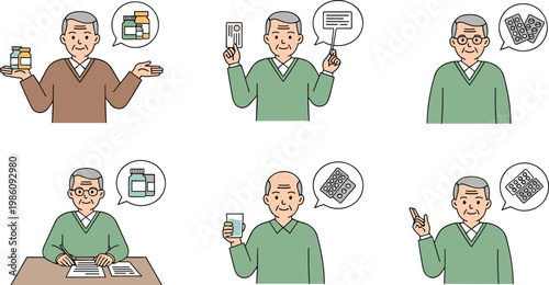 Senior Man Daily Life and Health Routine Illustration Set with Medication Communication and Reading Activities for Elderly Care Lifestyle and Healthcare Design Collection