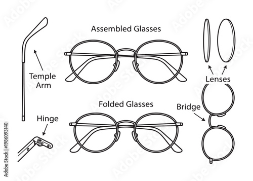 Round glasses disassembled vector illustration, detailed infographic with parts and names.