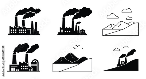 Industrial landscape with factories mountains and pollution depicted in black