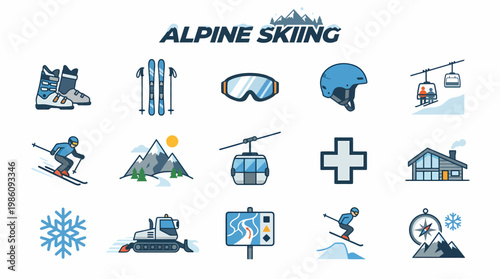 Alpine Skiing Icons Set: Snowboarding, Skiing, Equipment, Resort