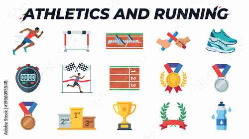Athletics and Running Icons: Track Race, Hurdles, Medals, Trophy