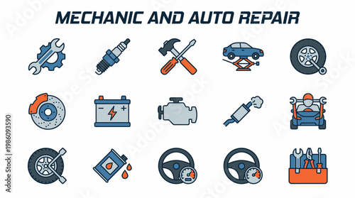 Auto Repair Icons Set: Mechanic Tools, Car Parts & Service