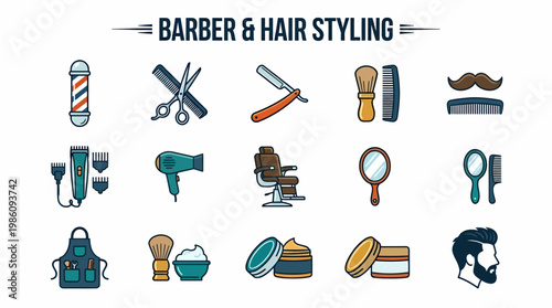 Barber Hair Styling Icons: Tools, Chair, Hair Dryer, Apron, Beard
