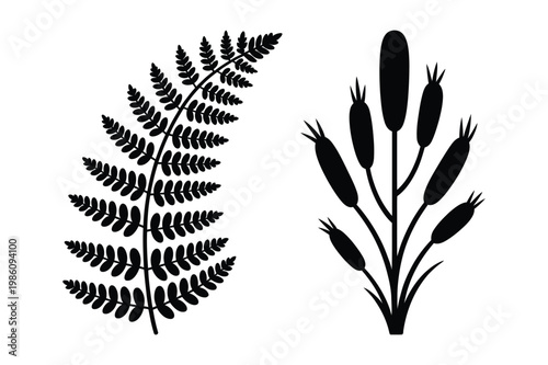 Silhouette of fern frond and cattails with botanical wildlife silhouette