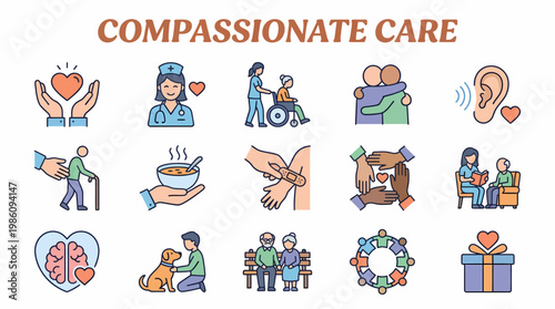 Compassionate Care Icons: Healthcare, Support, and Community