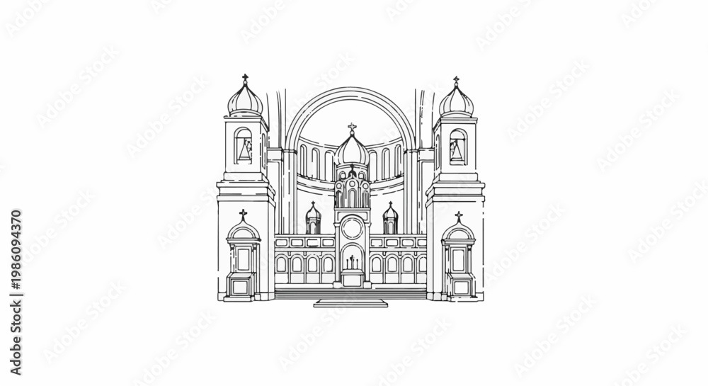 Fototapeta premium Stylized line art drawing of a grand church facade with domes and towers