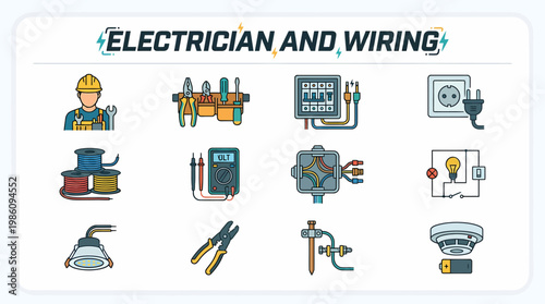 Electrician Tools and Wiring Icons Set
