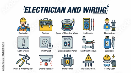 Electrician and Wiring Icons: Tools, Equipment, and Safety Gear