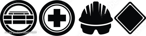 Industrial safety icon set, black construction symbols with hard hat and first aid cross, occupational health and safety vector elements for signage