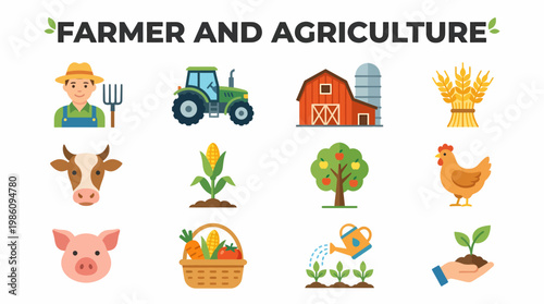 Farmer, Tractor, Barn & Farm Animals Icons - Agriculture Concept