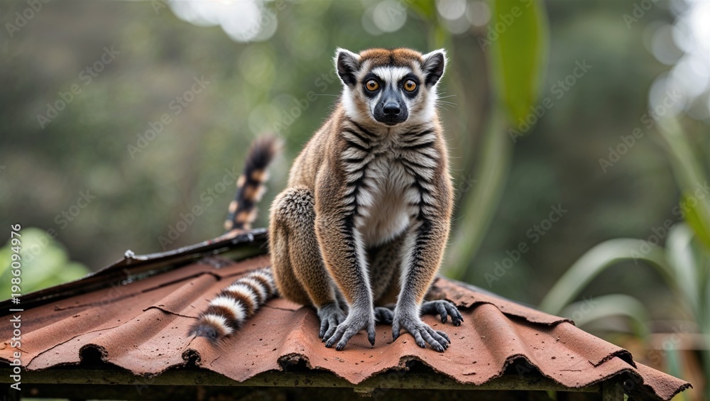 Fototapeta premium Mongoose lemur perched on roof of small garden shelter