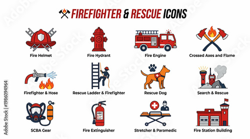 Firefighter & Rescue Icons Set - Safety and Emergency Equipment