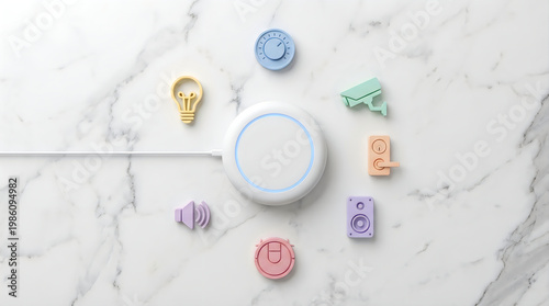 Colorful bath toys arranged on white marble surface minimalist still life