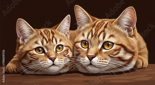 Two orange tabby cats with yellow eyes lying down on brown surface looking directly forward on dark background