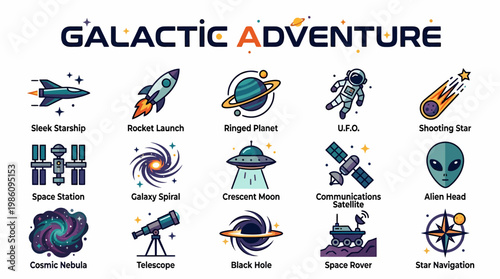 Galactic Adventure Icons: Space Travel and Exploration