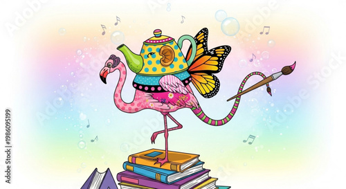 Whimsical flamingo with teapot hat and butterfly wings standing on books with paintbrush