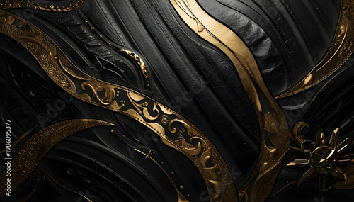 Wallpaper Mural  Featuring flowing metallic waves in deep black and rich gold tones. The design showcases layered, ribbon-like forms with ornate engravings and delicate patterns, creating a sense of movement  Torontodigital.ca