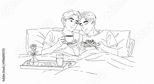 Two young men enjoy a romantic breakfast in bed with coffee and heart-shaped pastries