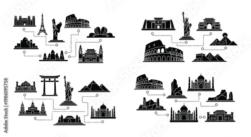 Global landmarks and iconic structures illustrated in a black and white design