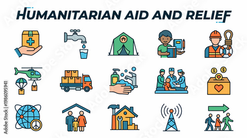 Humanitarian Aid and Relief Icons: Help, Support, Charity, Care