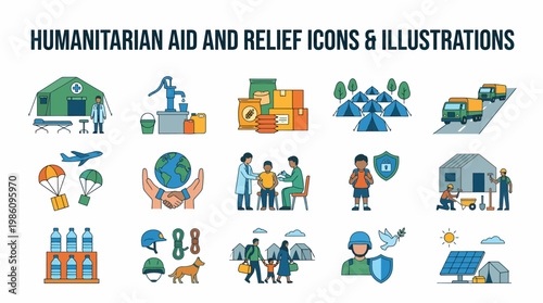Humanitarian Aid and Relief Icons Illustrations Set