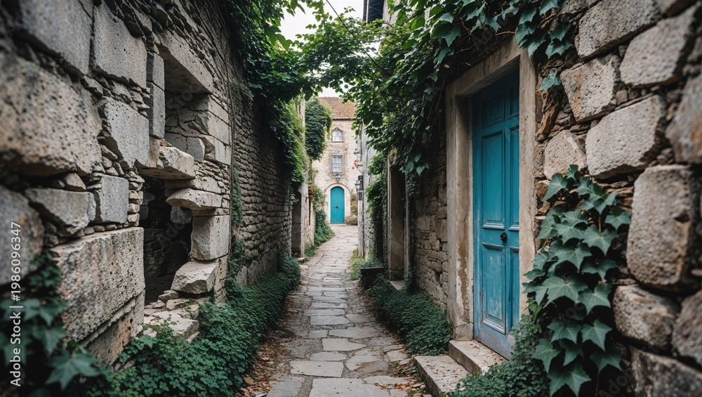 Fototapeta premium Narrow stone street in old European village with blue doors and green ivy on walls