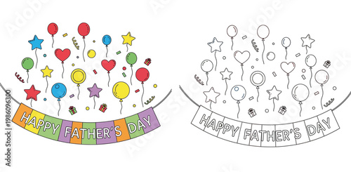 Happy Father's Day Illustration Set with Colorful Balloons, Confetti, and Bunting Banner, Including Line Art Version for Kids Coloring Page Vector Design