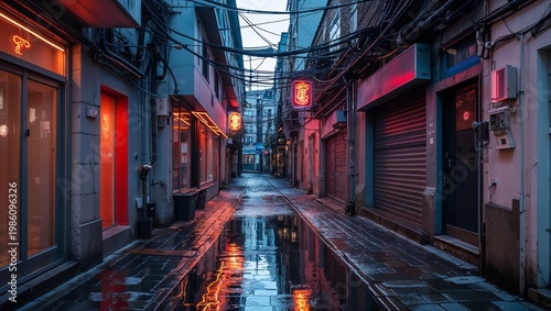 Cinematic narrow city alleyway with wet pavement reflecting colorful neon lights at night