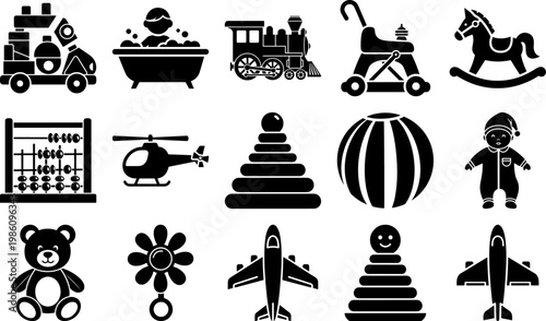 Black silhouettes of various toys and objects for children  educational and fun