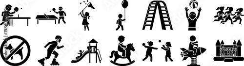 Black silhouettes of children playing various games and activities icons