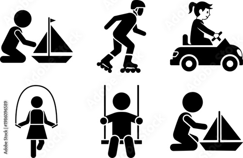 Black silhouettes of children playing outdoors and having fun  kids activities and games