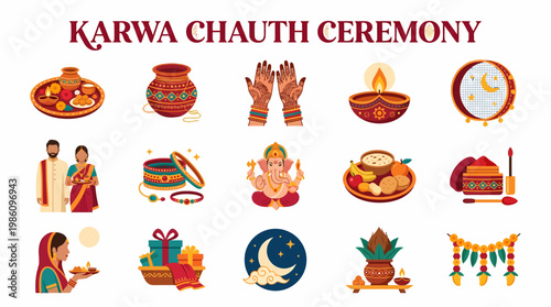Karwa Chauth Ceremony Indian Festival Icons Set Vector Illustration