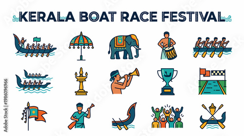 Kerala Boat Race Festival Icons - Nehru Trophy, Elephant, Drummer